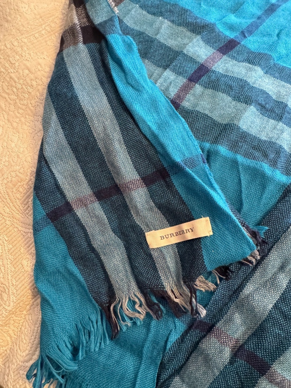 Burberry Lightweight Check Scarf Wrap – Turquoise Blue Plaid - Picture 3 of 3